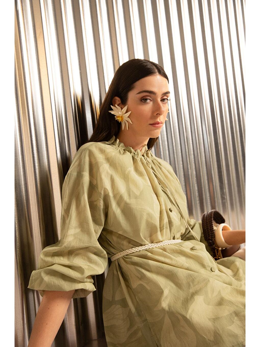 Yeşil-Yaka Büzgülü Desenli Gömlek