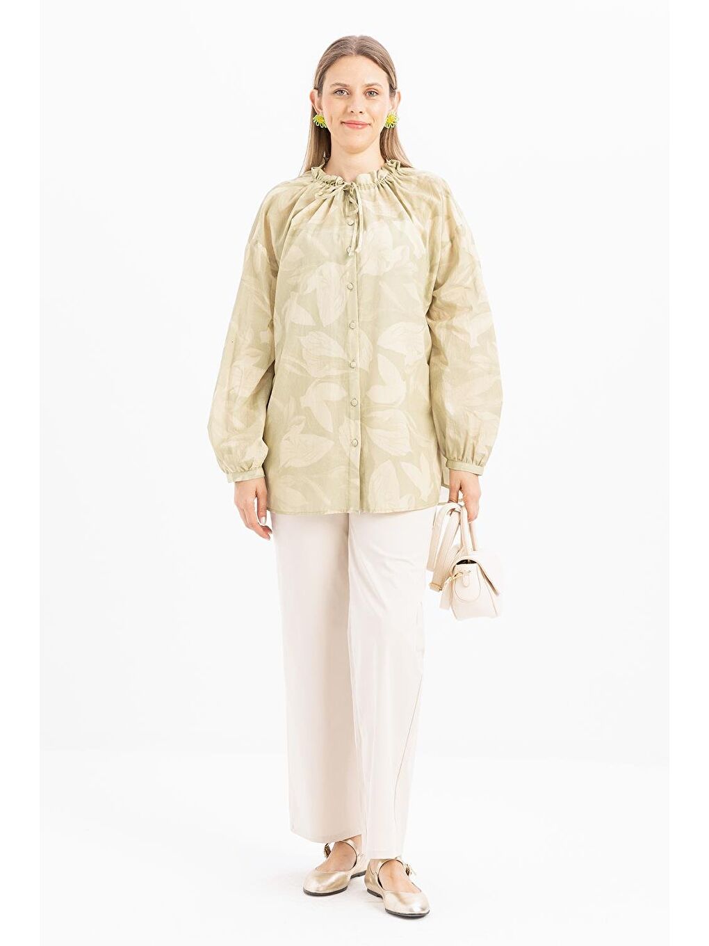 Yeşil-Yaka Büzgülü Desenli Gömlek-1