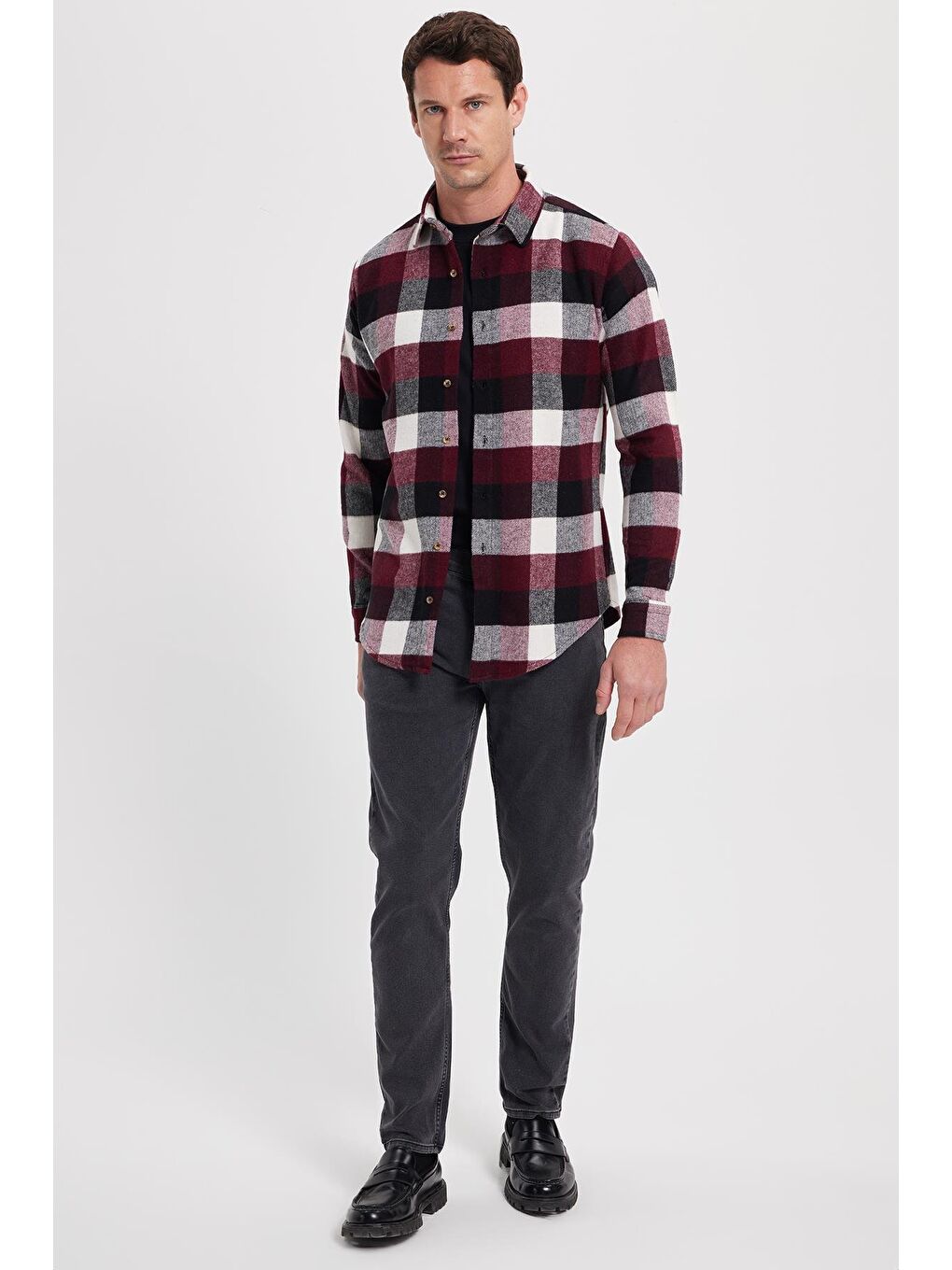 Bordo Erkek Slim Fit Dar Kesim Kareli Kışlık Oduncu Gömlek
