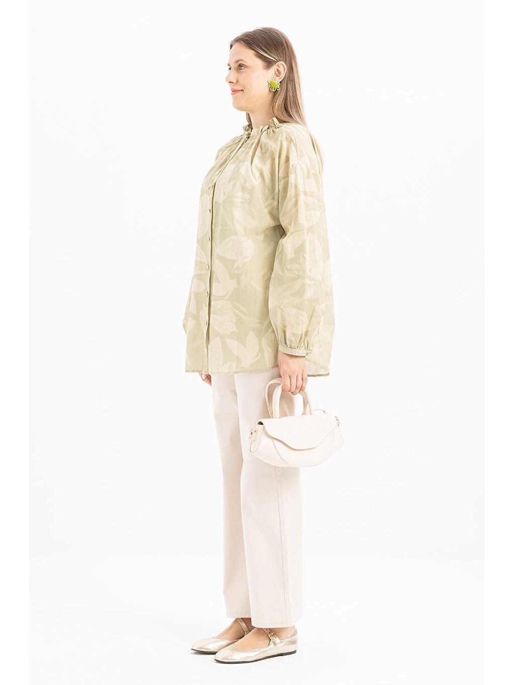 Yeşil-Yaka Büzgülü Desenli Gömlek-2