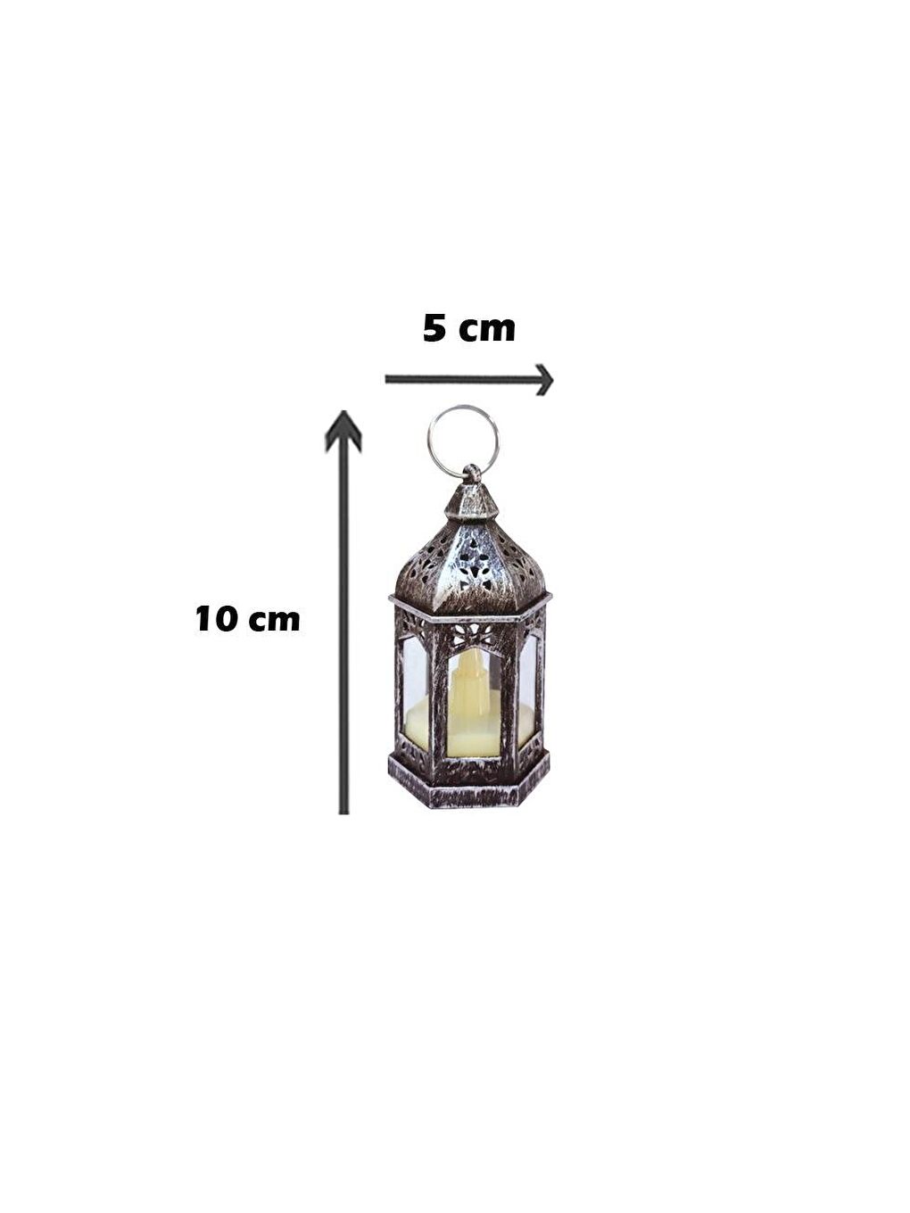 Gri Ramazan Dekoratif Mini Kandil  – Asılabilir Eskitme Detaylı Fener Pilli LED Işıklı Gümüş 10 cm-3