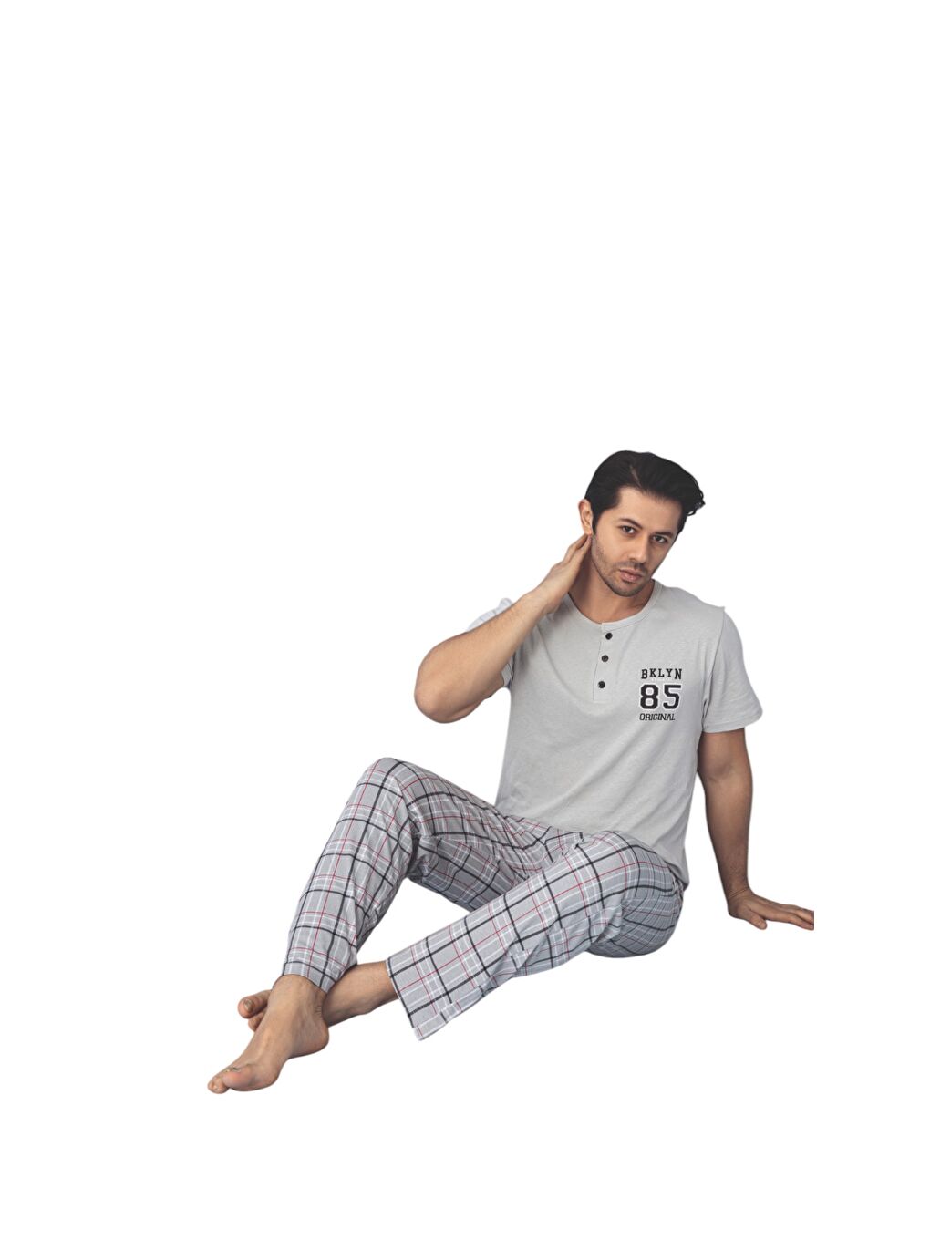 Gri Erkek Kısa Kol %100 Pamuk Pijama Takım-1