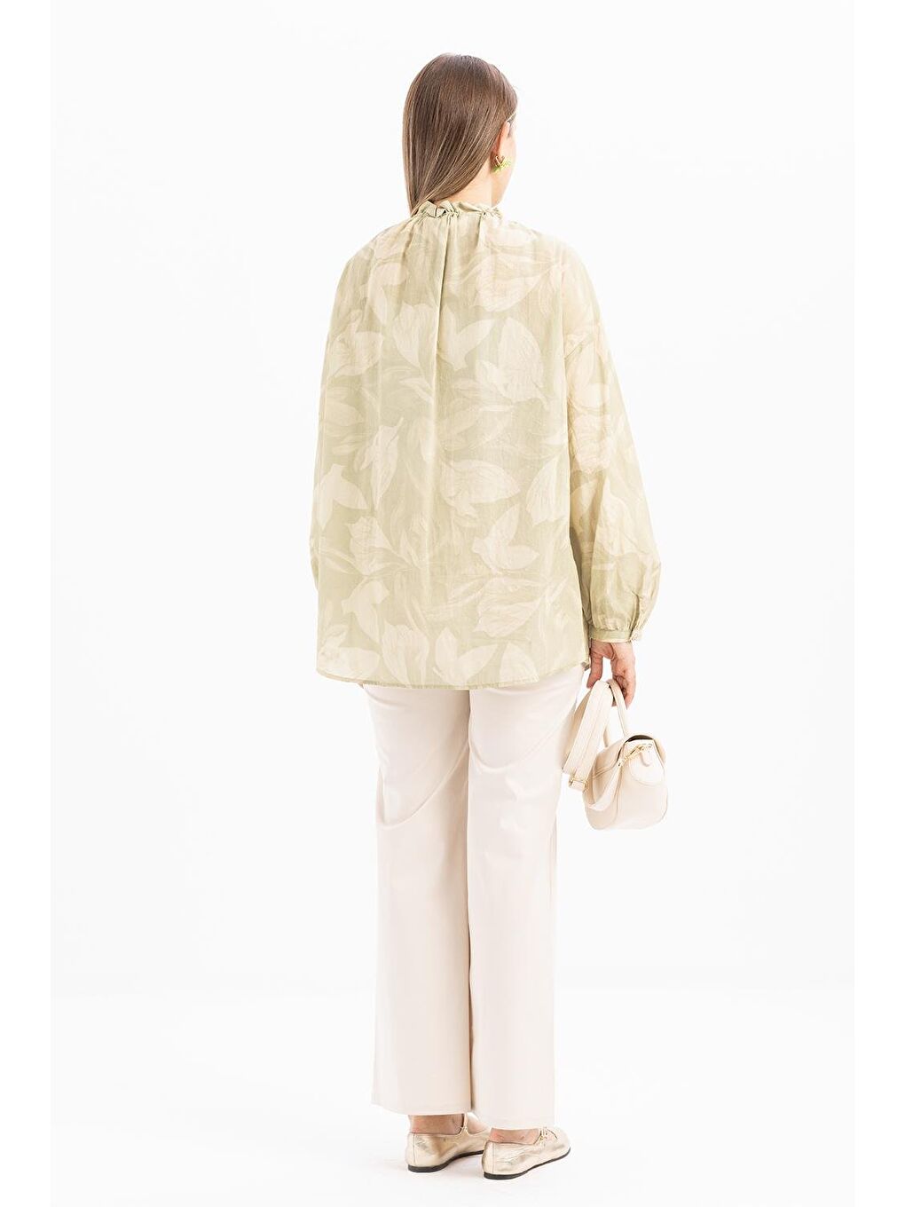 Yeşil-Yaka Büzgülü Desenli Gömlek-3