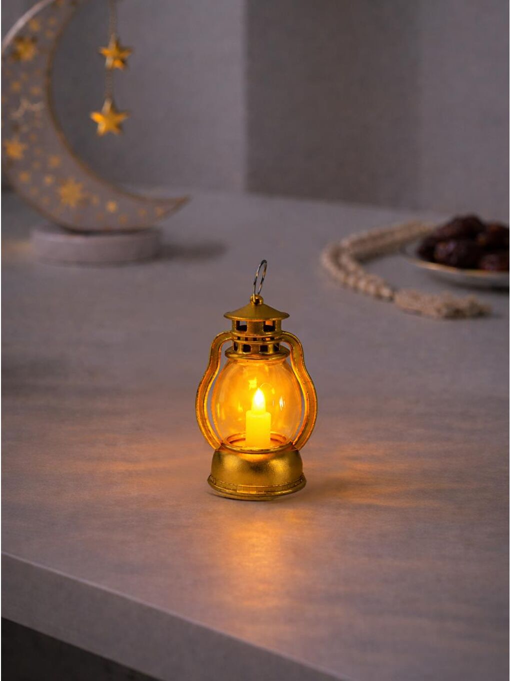 Sarı Ramazan Dekoratif Mini Kandil  – Asılabilir Gaz Lambası Figürlü Pilli LED Işık Altın 10 cm-1