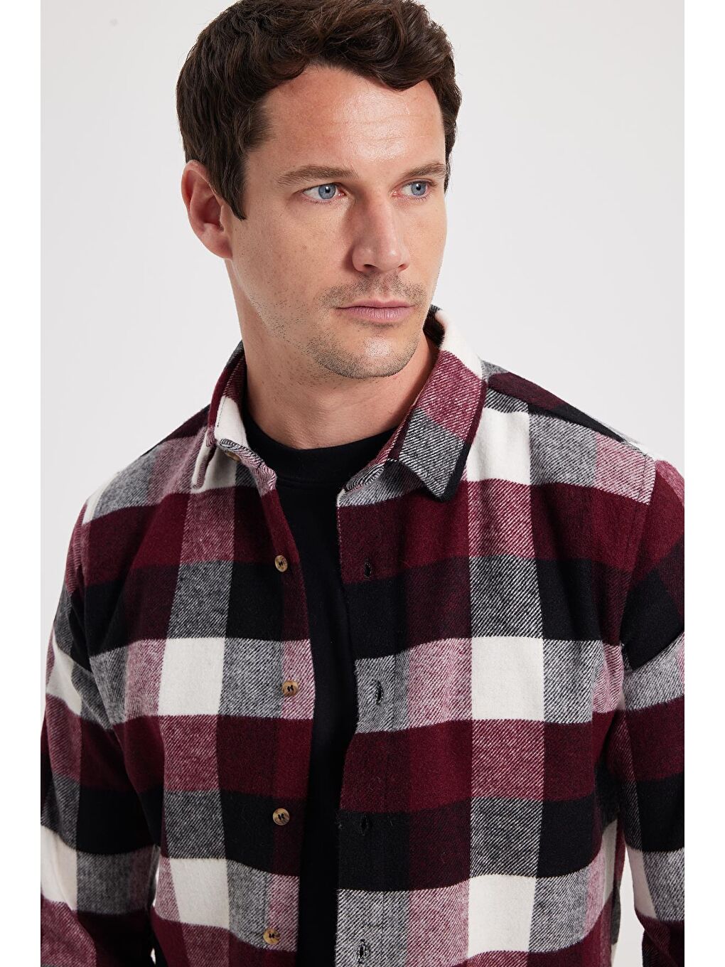 Bordo Erkek Slim Fit Dar Kesim Kareli Kışlık Oduncu Gömlek-1