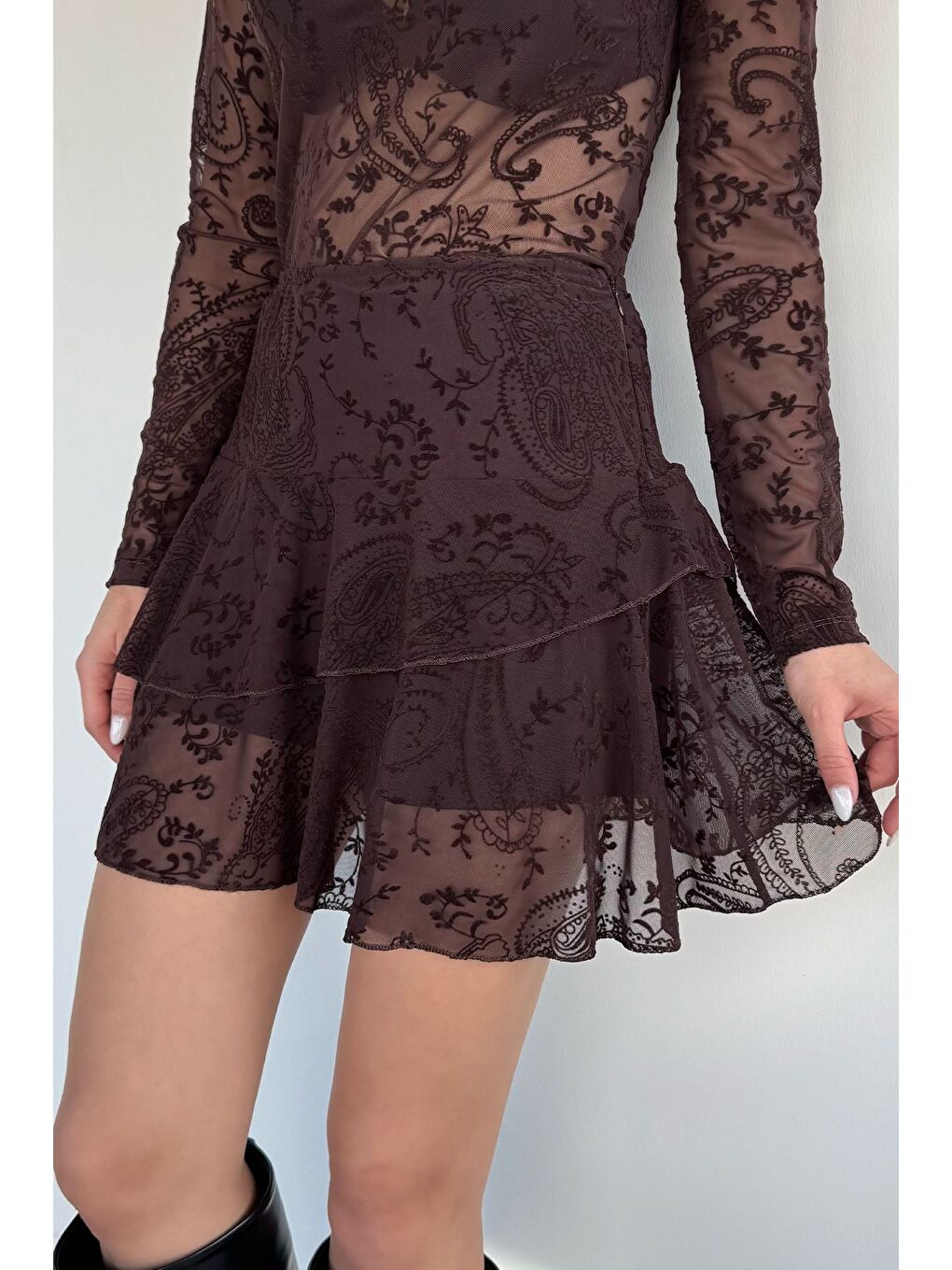 Kahverengi Kadın Bel Lastikli Pileli Floglu Şort Etek-0