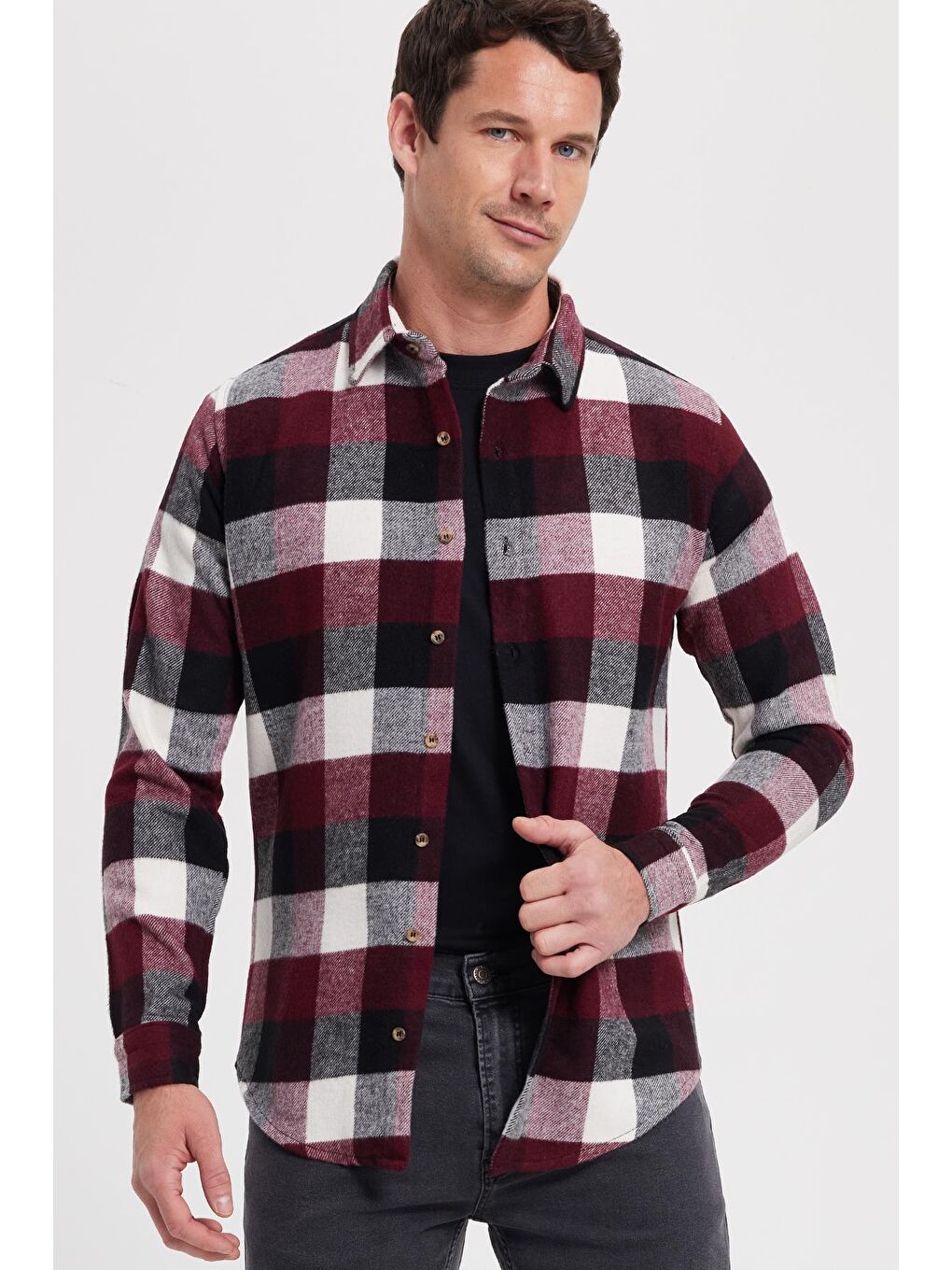 Bordo Erkek Slim Fit Dar Kesim Kareli Kışlık Oduncu Gömlek-2