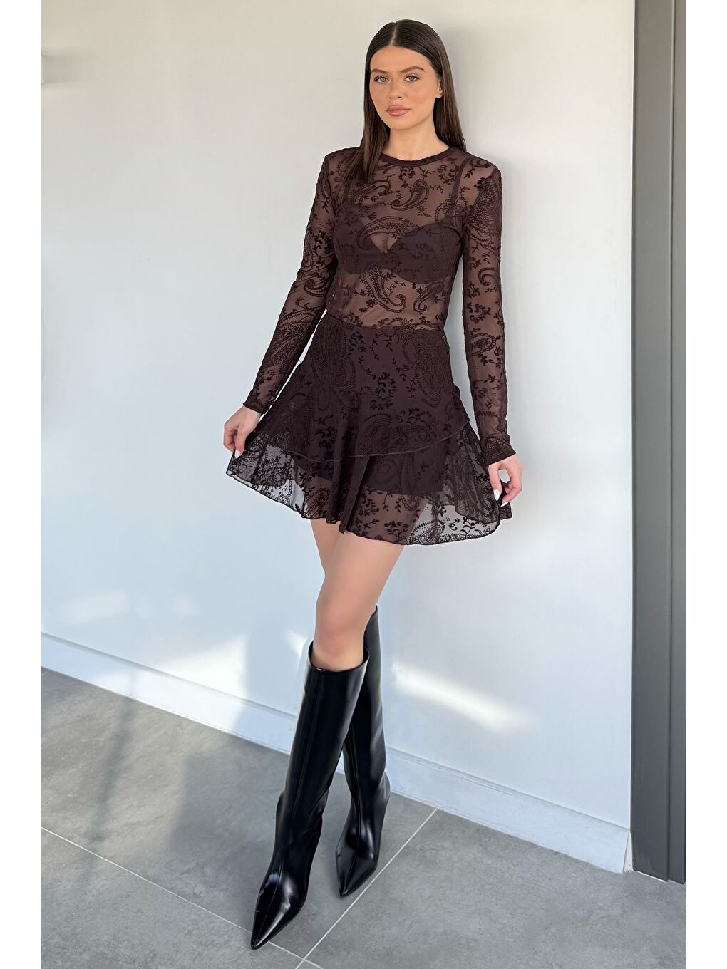 Kahverengi Kadın Bel Lastikli Pileli Floglu Şort Etek-1