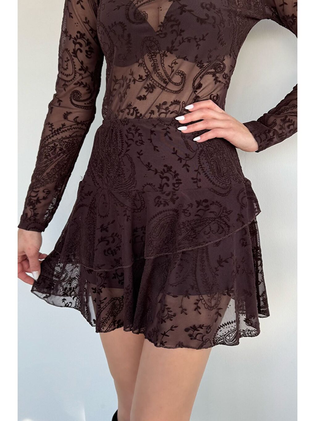 Kahverengi Kadın Bel Lastikli Pileli Floglu Şort Etek-2