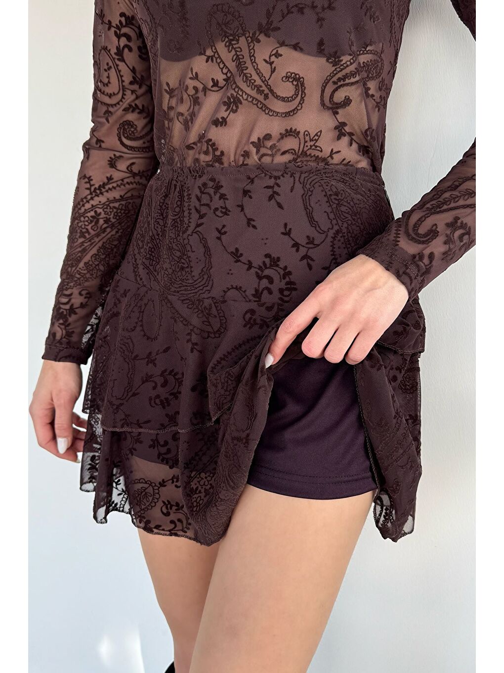 Kahverengi Kadın Bel Lastikli Pileli Floglu Şort Etek-3