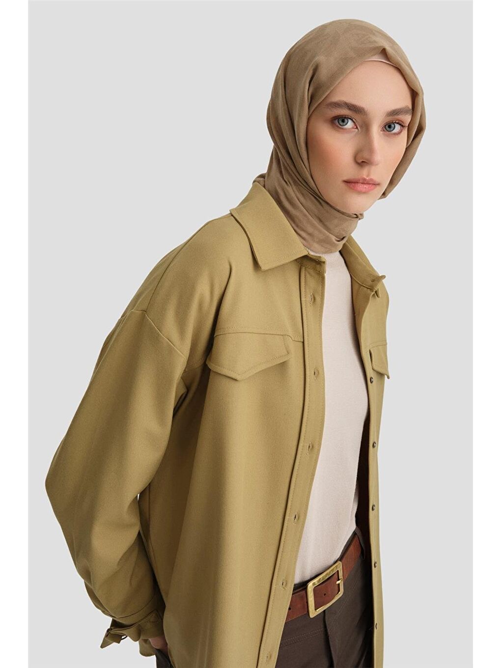 Yeşil Manşeti Kemer Detaylı Gömlek 24K3606 Zeytin