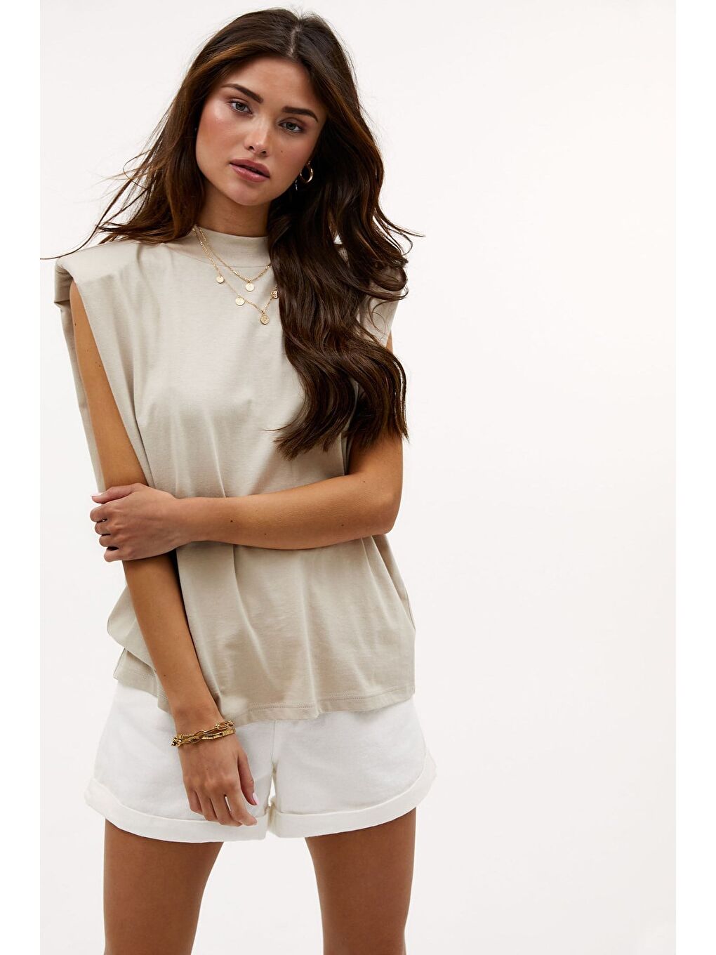 Bej Vatkalı Tişört Mg900-2