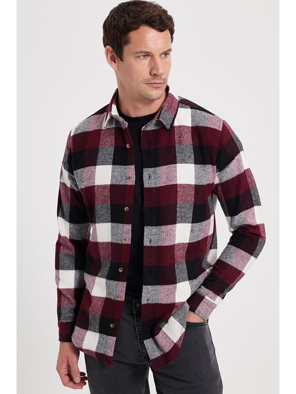 Bordo Erkek Slim Fit Dar Kesim Kareli Kışlık Oduncu Gömlek-6