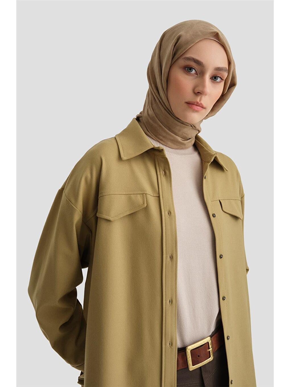 Yeşil Manşeti Kemer Detaylı Gömlek 24K3606 Zeytin-1