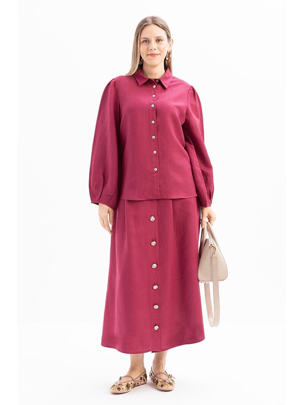 Kırmızı Vişne-Kol Ağzı Pile Detaylı Keten Gömlek-1