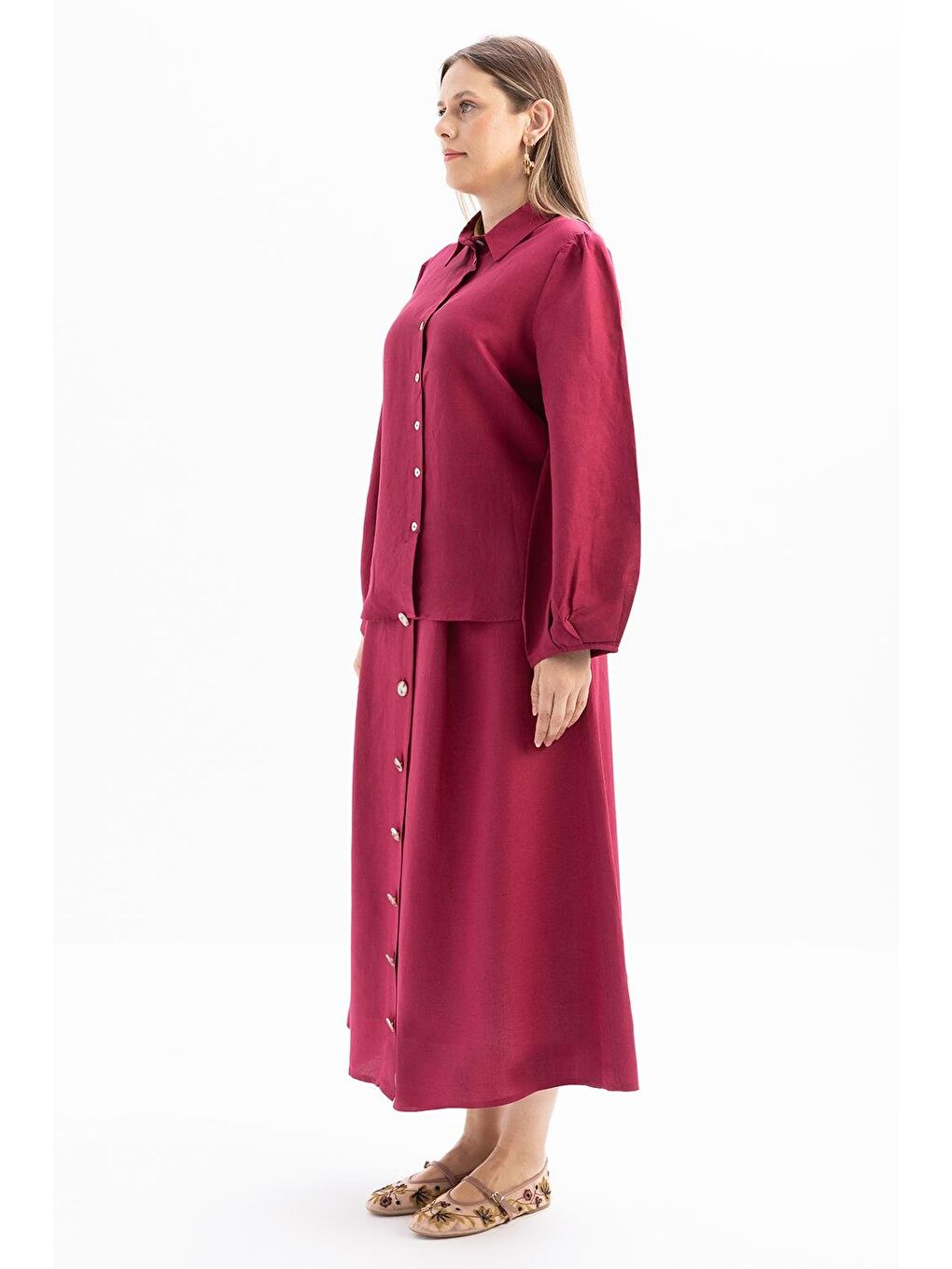 Kırmızı Vişne-Kol Ağzı Pile Detaylı Keten Gömlek-2