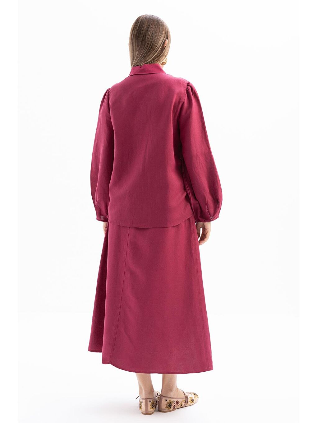 Kırmızı Vişne-Kol Ağzı Pile Detaylı Keten Gömlek-3