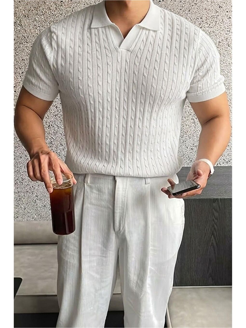 Beyaz İtalyan Stil V Yaka Saç Örgü Detaylı Slim Fit Triko Erkek Polo Tshirt