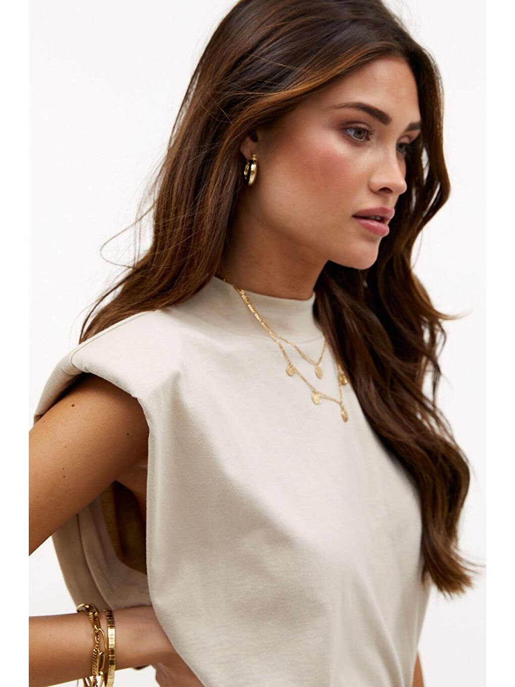 Bej Vatkalı Tişört Mg900-5