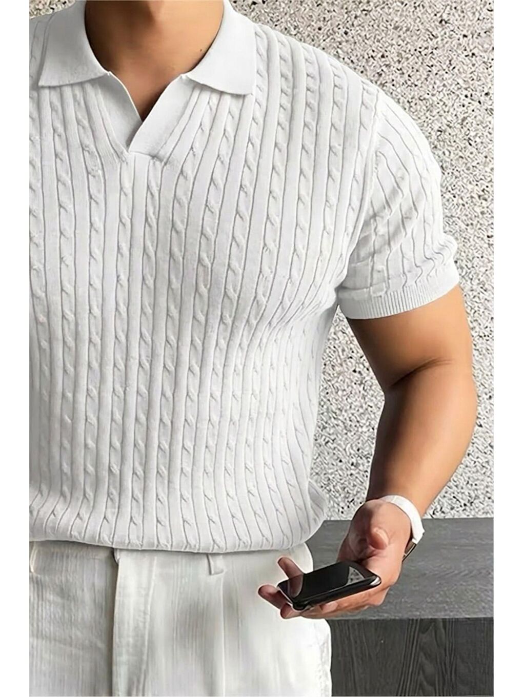 Beyaz İtalyan Stil V Yaka Saç Örgü Detaylı Slim Fit Triko Erkek Polo Tshirt-1