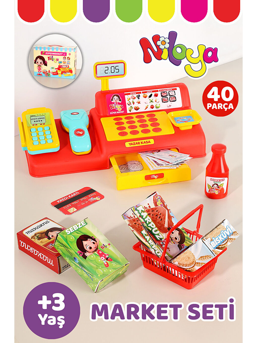 40 Parça Niloya Süpermarket Seti - Eğitici Öğretici Oyuncak Yazar Kasa Market Alışveriş Oyun Seti