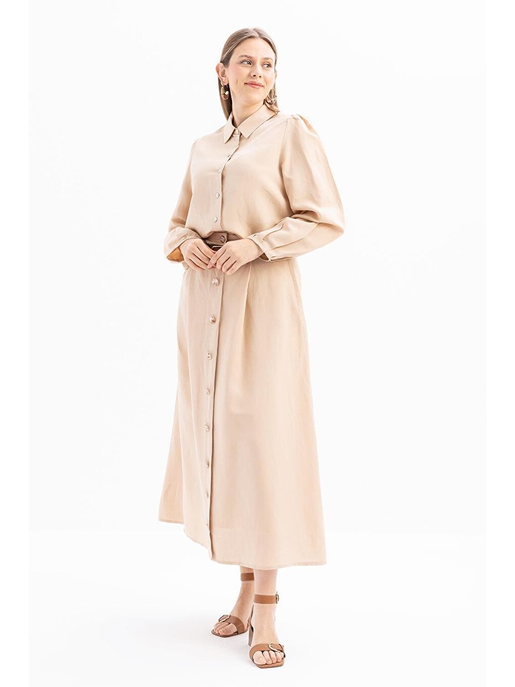 Bej-Kol Ağzı Pile Detaylı Keten Gömlek