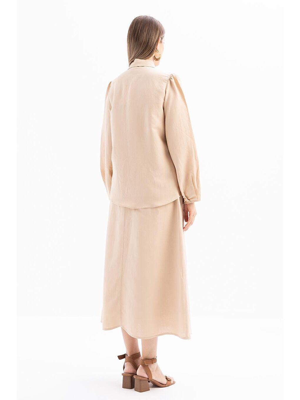 Bej-Kol Ağzı Pile Detaylı Keten Gömlek-2