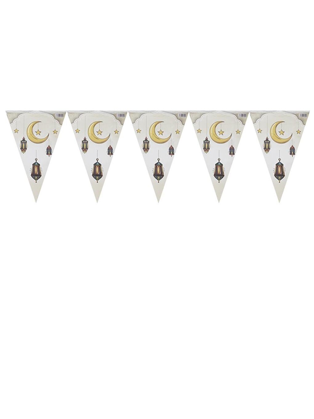 Beyaz Ramazan Temalı Ay ve Kandil Desenli Üçgen Flama Duvar Süsü 150 cm-1