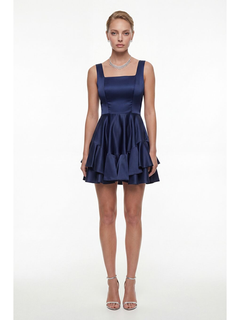 Kadın Lacivert Kare Yaka Fırfırlı Mini Saten Mezuniyet Abiye Elbise-1