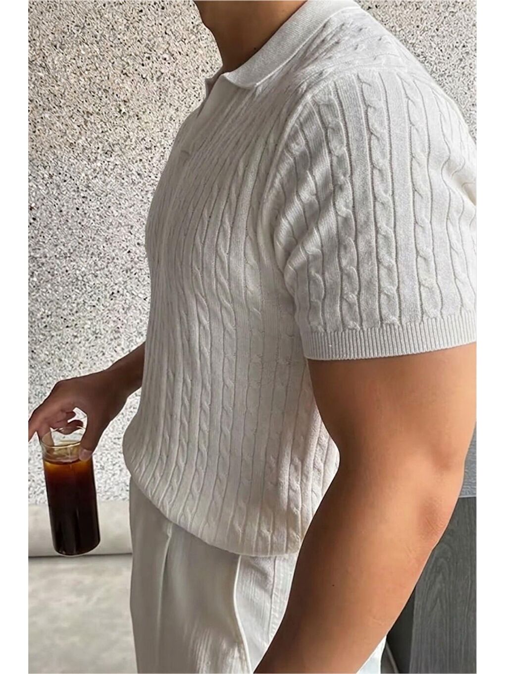 Beyaz İtalyan Stil V Yaka Saç Örgü Detaylı Slim Fit Triko Erkek Polo Tshirt-3