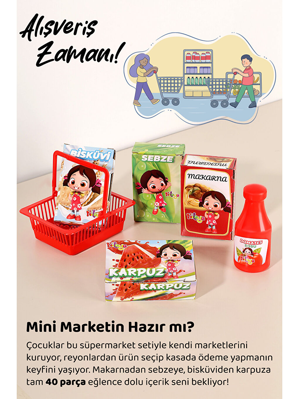 40 Parça Niloya Süpermarket Seti - Eğitici Öğretici Oyuncak Yazar Kasa Market Alışveriş Oyun Seti-1