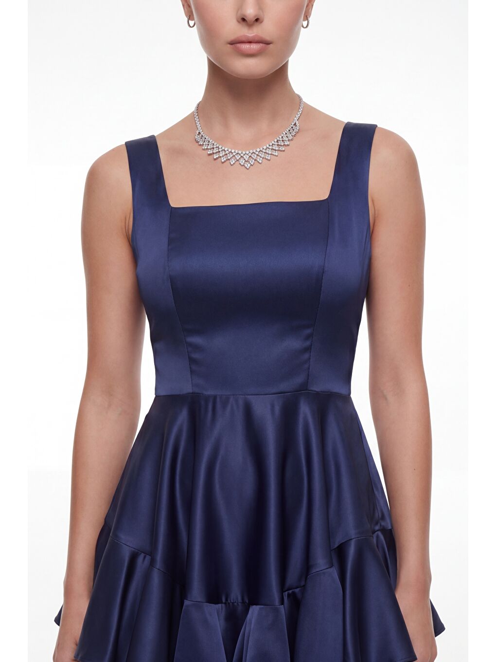 Kadın Lacivert Kare Yaka Fırfırlı Mini Saten Mezuniyet Abiye Elbise-2