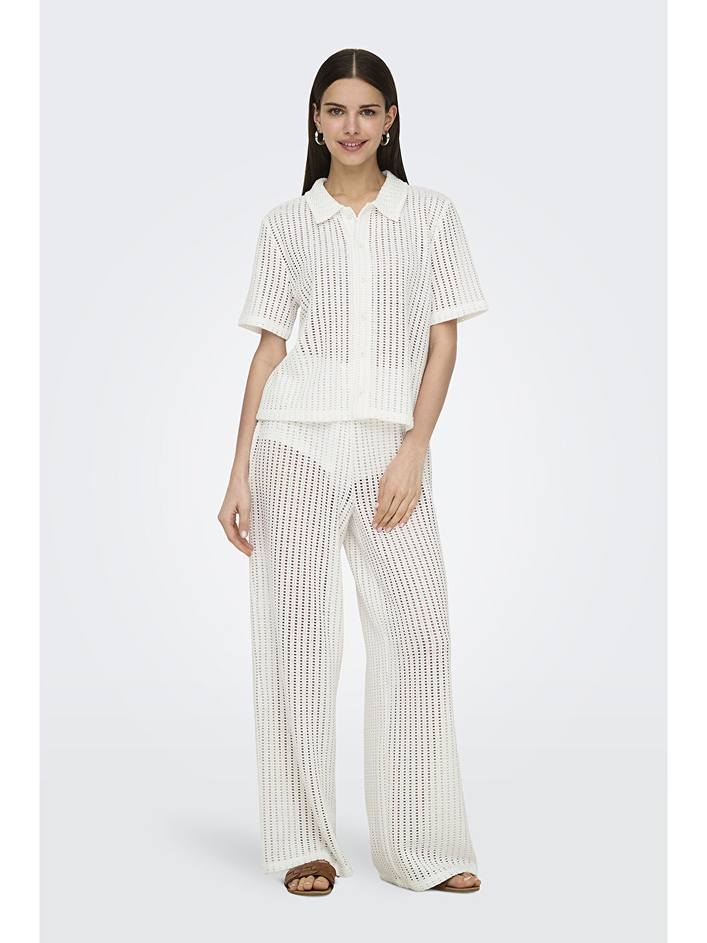 Ekru Onlfreya Ajurlu Straight Fit Yüksek Bel Geniş Paça Pantolon 15349329-1