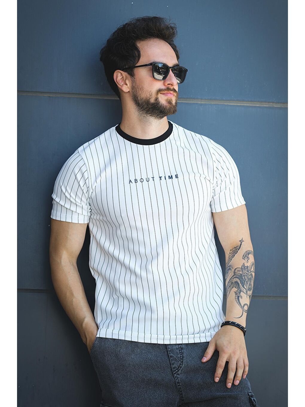 Beyaz About Baskılı Çizgili Bisiklet Yaka Slim Fit Erkek Tshirt