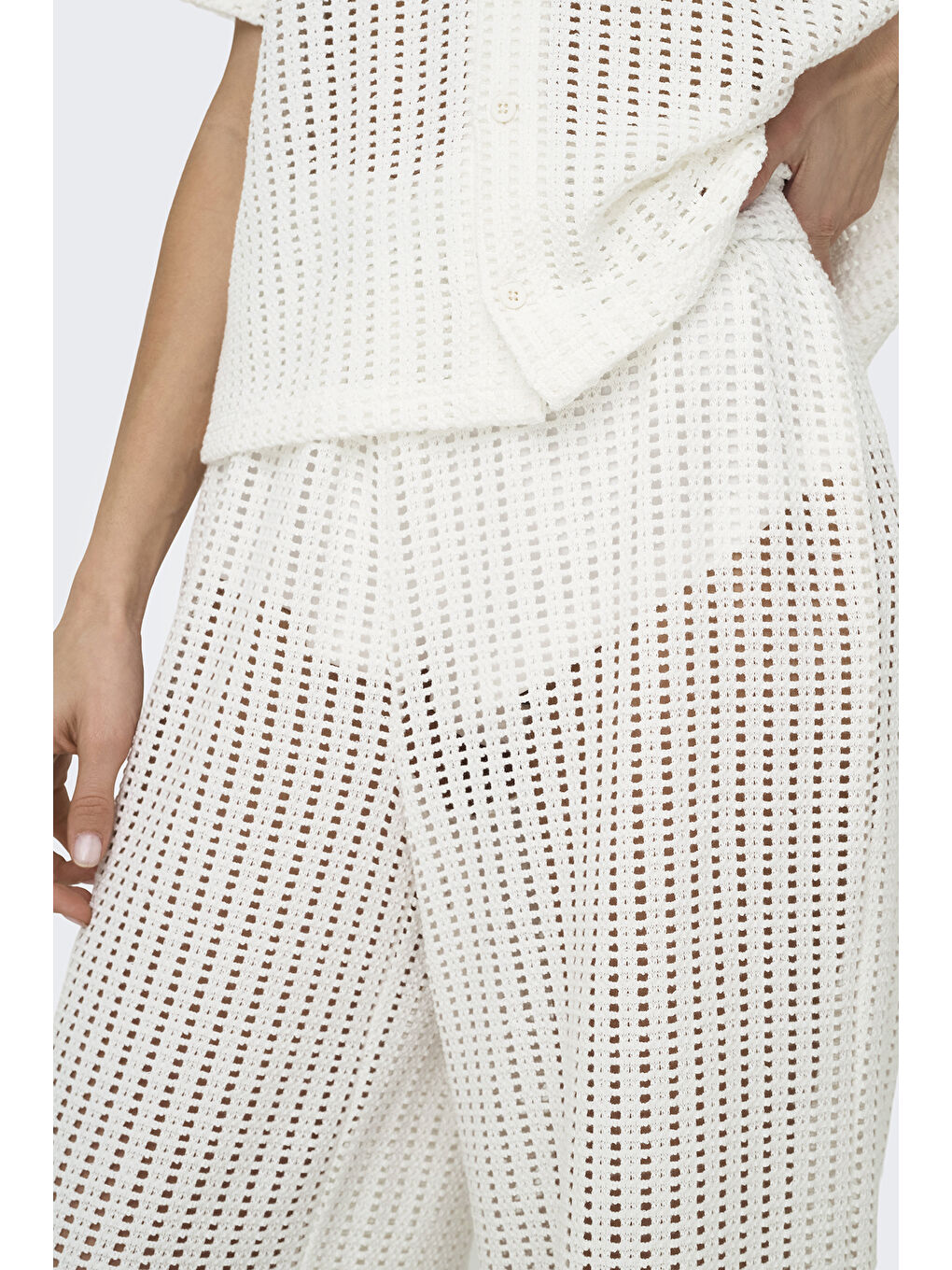 Ekru Onlfreya Ajurlu Straight Fit Yüksek Bel Geniş Paça Pantolon 15349329-3