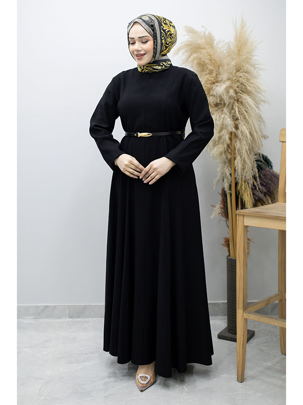 Pensli Hakim Yaka Kemerli Elbise TSD260184 Siyah-2