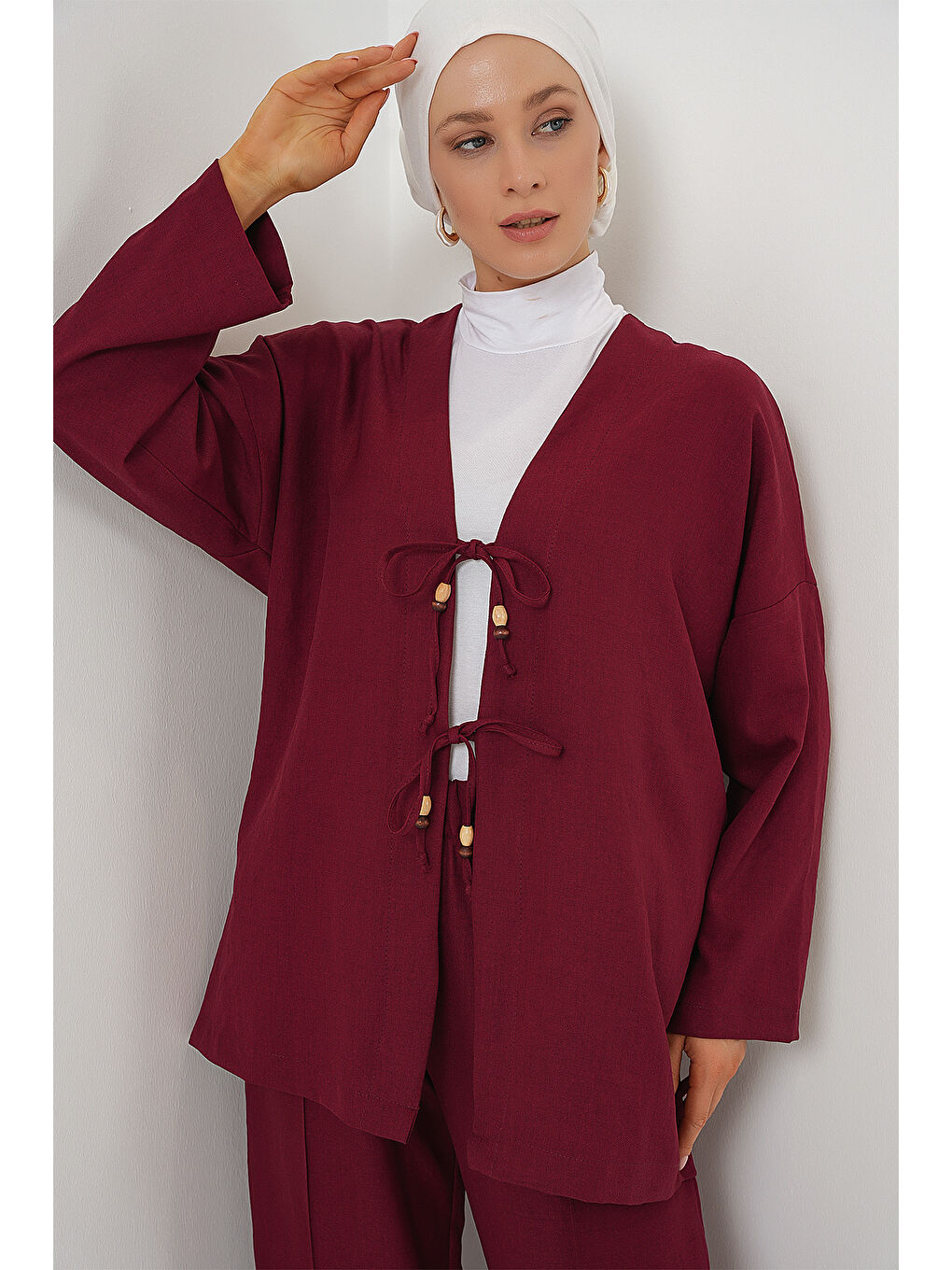 Kadın Keten Kimono İkili Takım 6727 - Bordo-1