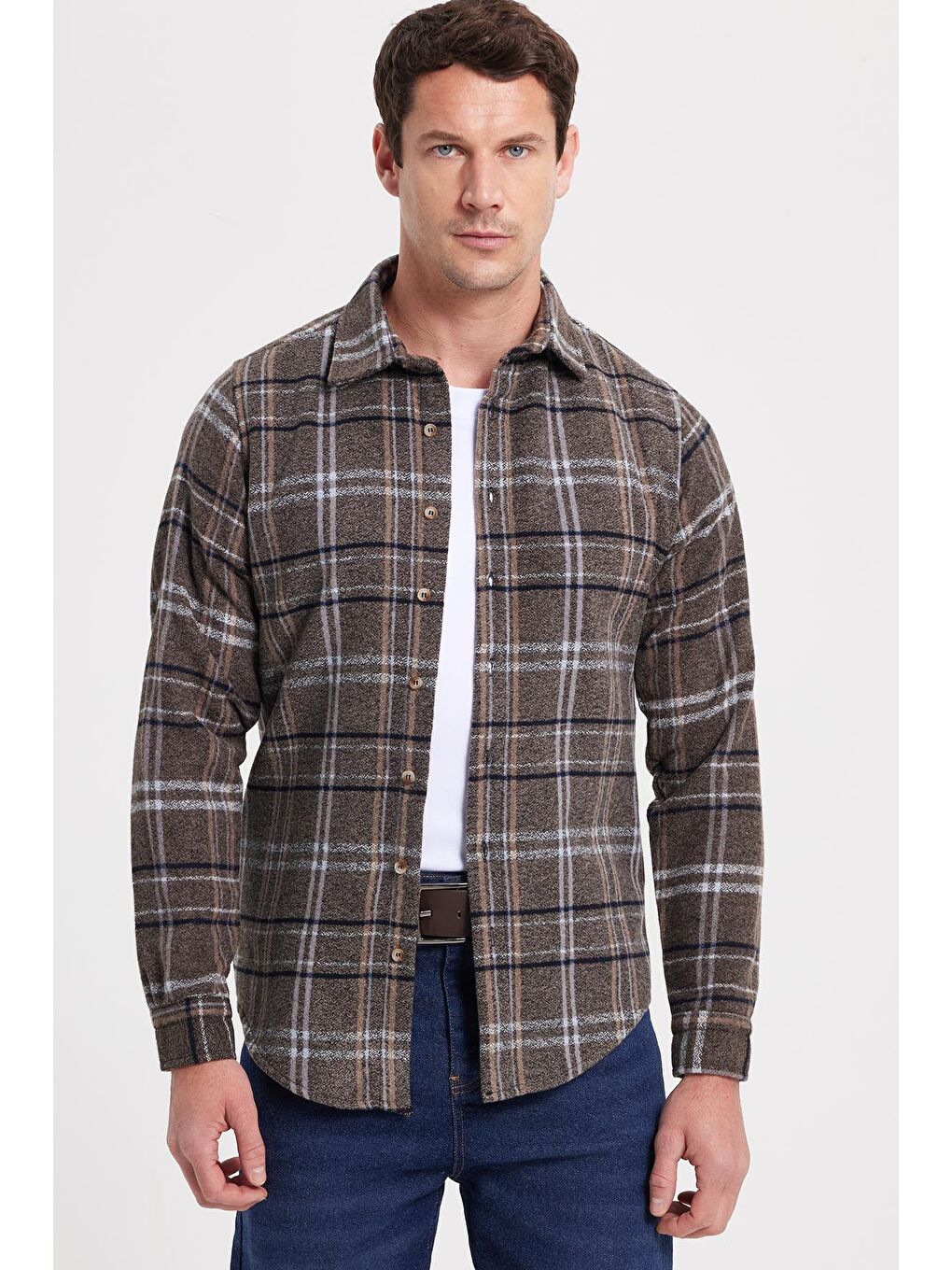Kahverengi Erkek Slim Fit Dar Kesim Kareli Kışlık Oduncu Gömlek