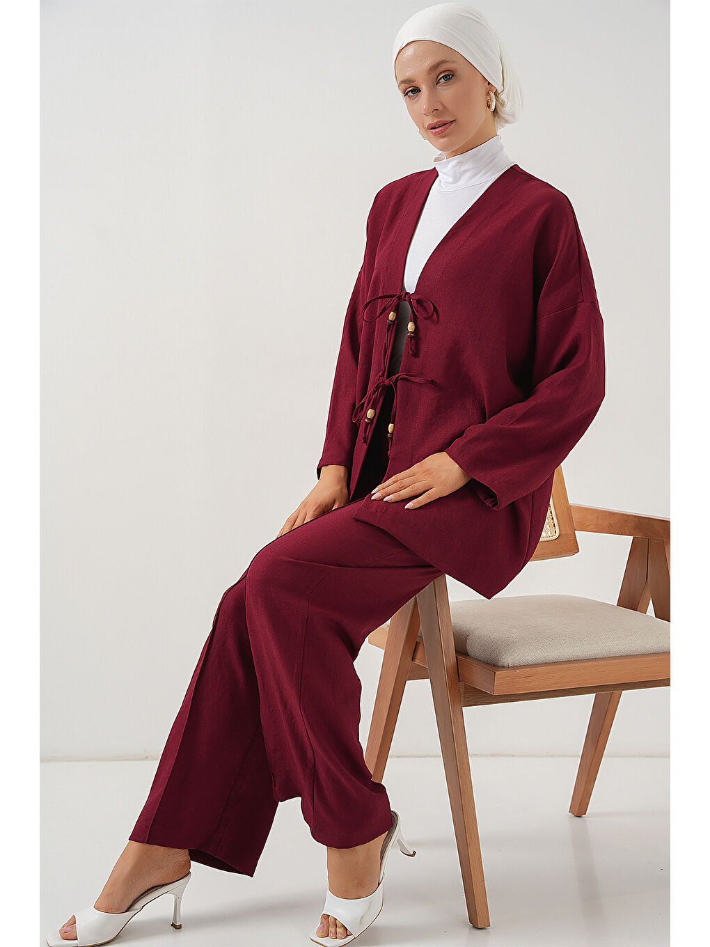 Kadın Keten Kimono İkili Takım 6727 - Bordo-2
