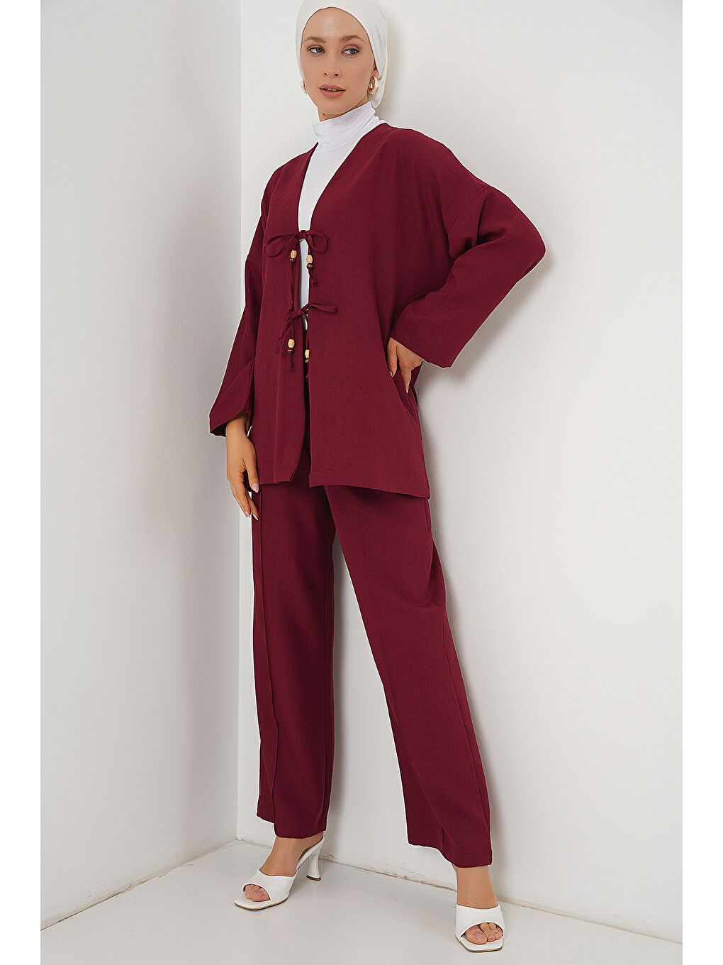Kadın Keten Kimono İkili Takım 6727 - Bordo-3
