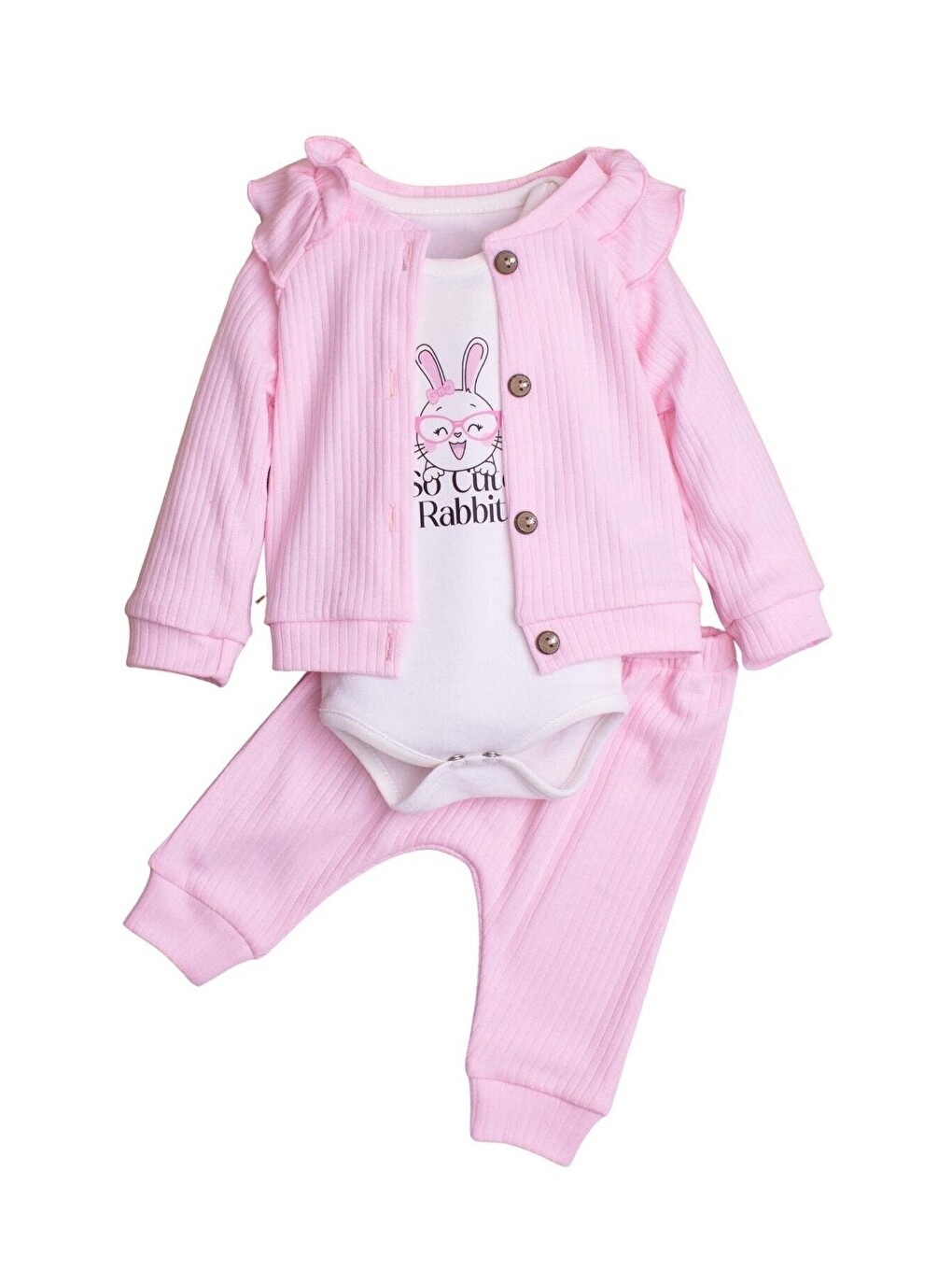 Pembe Kız Bebek Fitilli Fırfır Detaylı Pamuklu Zıbınlı 3'lü Bebek Takımı