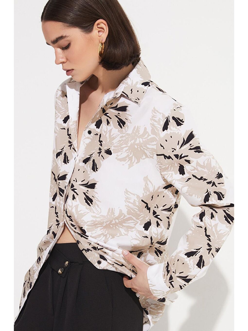 Bej Exclusive Desenli Pamuk Gömlek-2