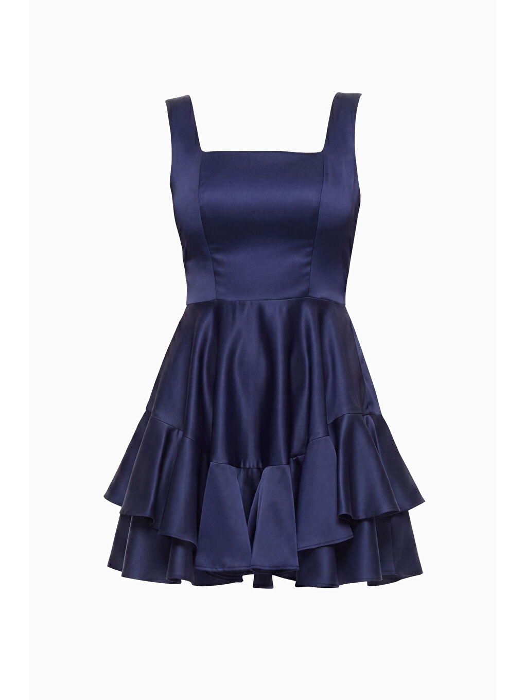 Kadın Lacivert Kare Yaka Fırfırlı Mini Saten Mezuniyet Abiye Elbise-6