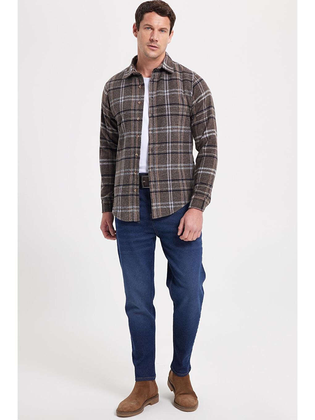 Kahverengi Erkek Slim Fit Dar Kesim Kareli Kışlık Oduncu Gömlek-2