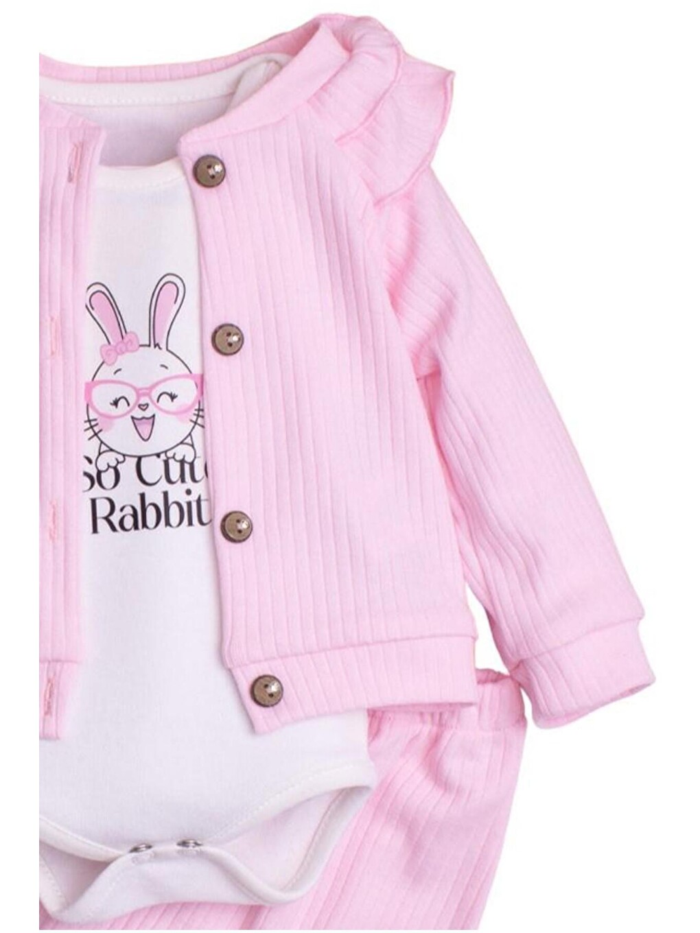 Pembe Kız Bebek Fitilli Fırfır Detaylı Pamuklu Zıbınlı 3'lü Bebek Takımı-1