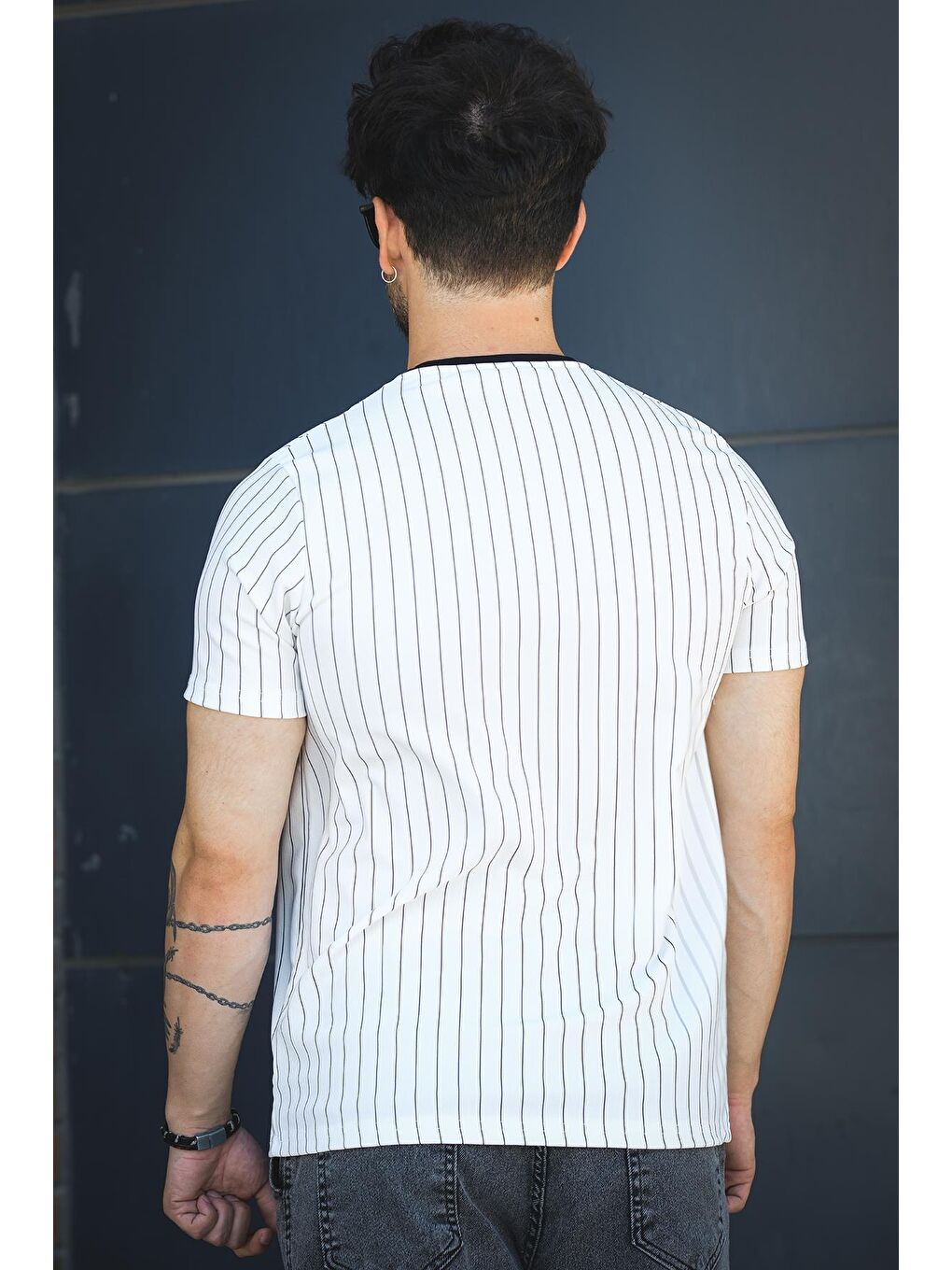 Beyaz About Baskılı Çizgili Bisiklet Yaka Slim Fit Erkek Tshirt-2