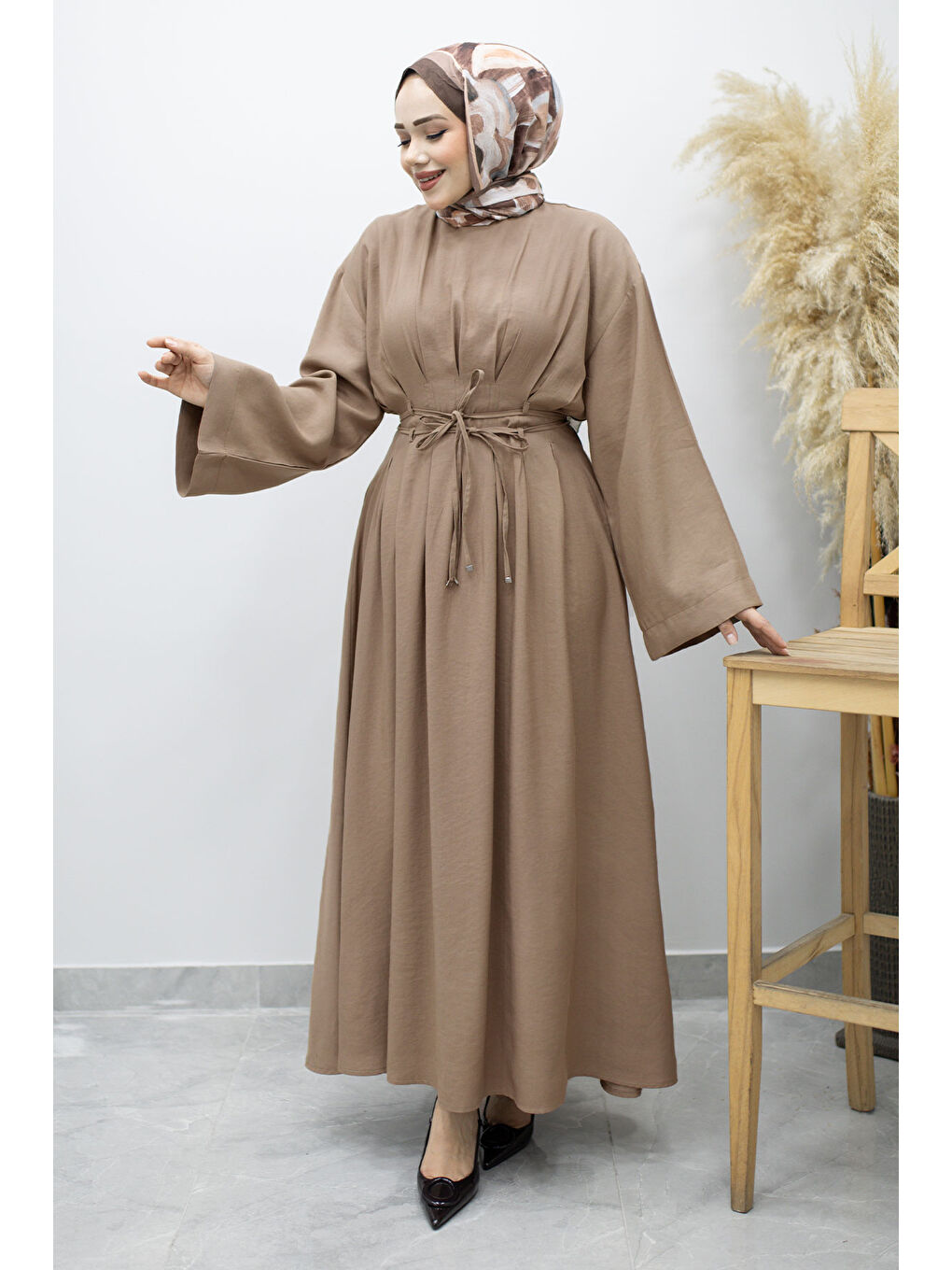 Bej Çift Bağlamalı Pensli Elbise TSD260185 Vizon