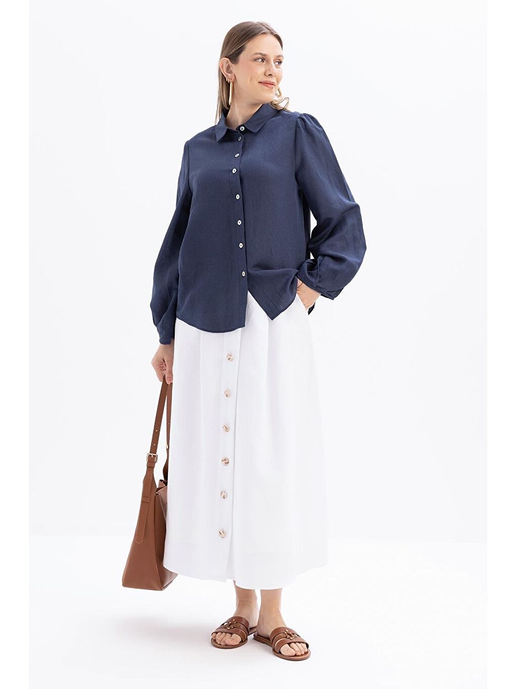 Beyaz İndigo-Kol Ağzı Pile Detaylı Keten Gömlek-1