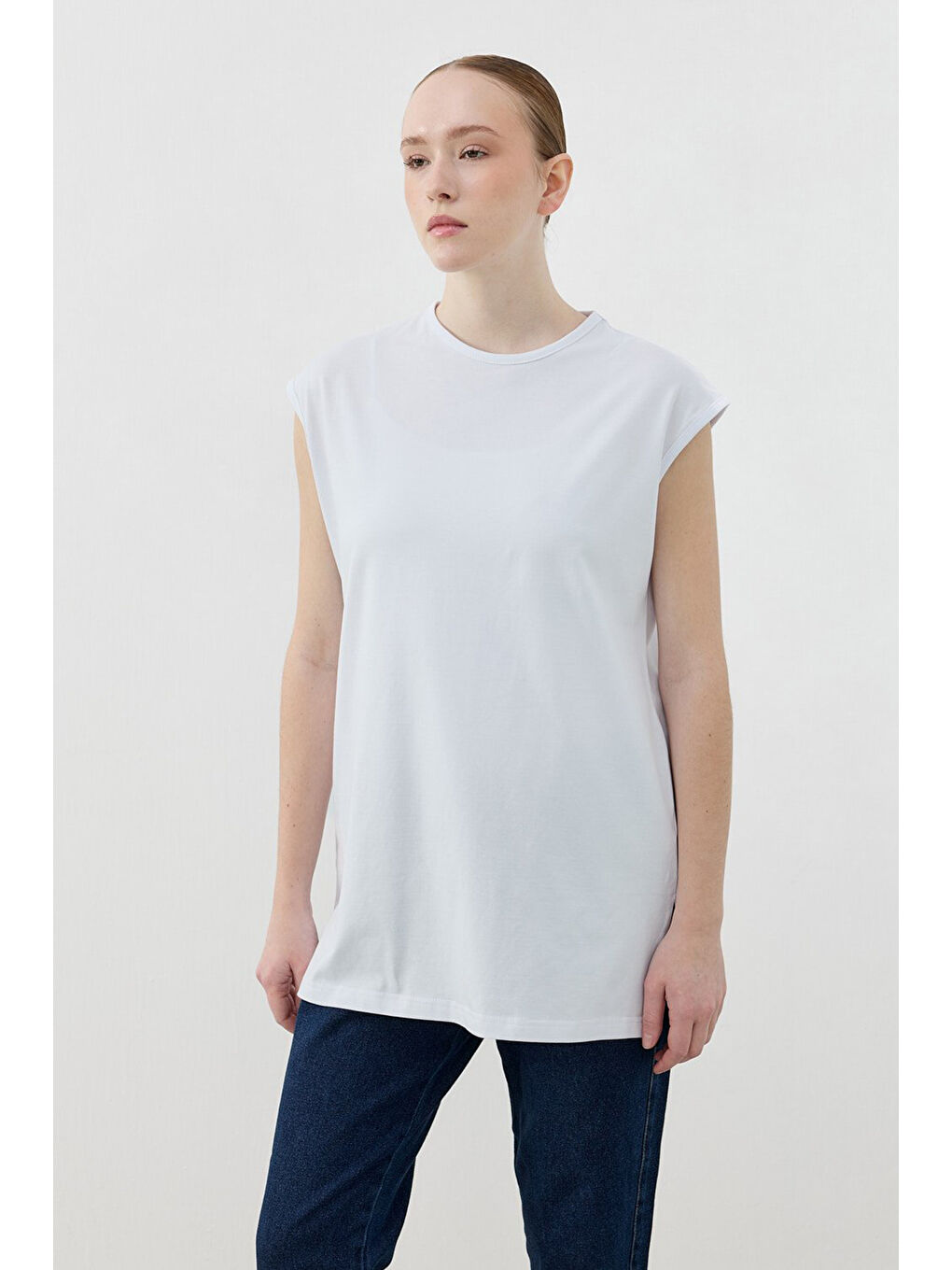 Sıfır Kol Basic Pamuklu Tişört 1810 Beyaz