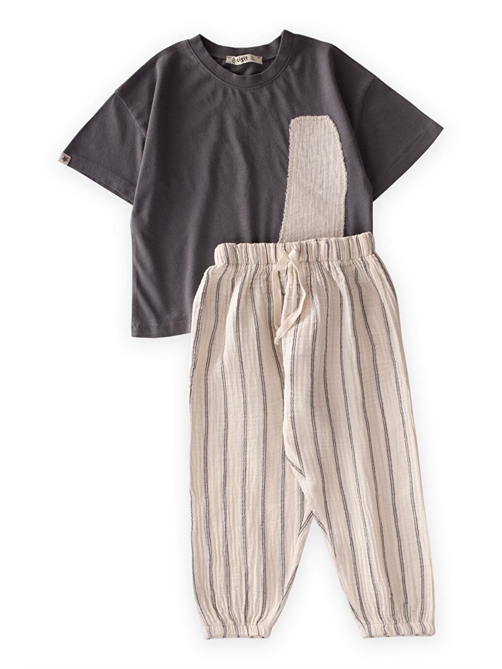 Soyut Aplikeli Bohem Müslin Şalvarlı Takım 2-7 Yaş Gri